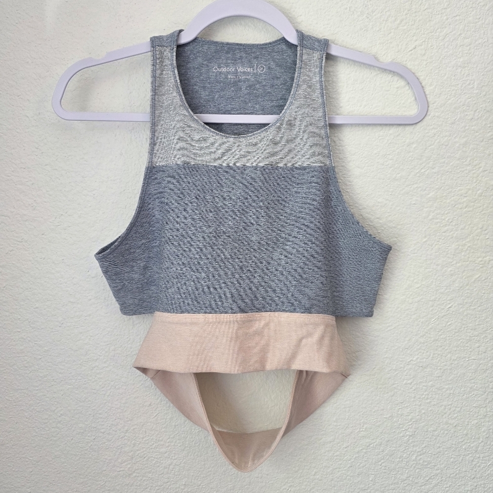 Outdoor Voices bra top, light blue and pink, size M
